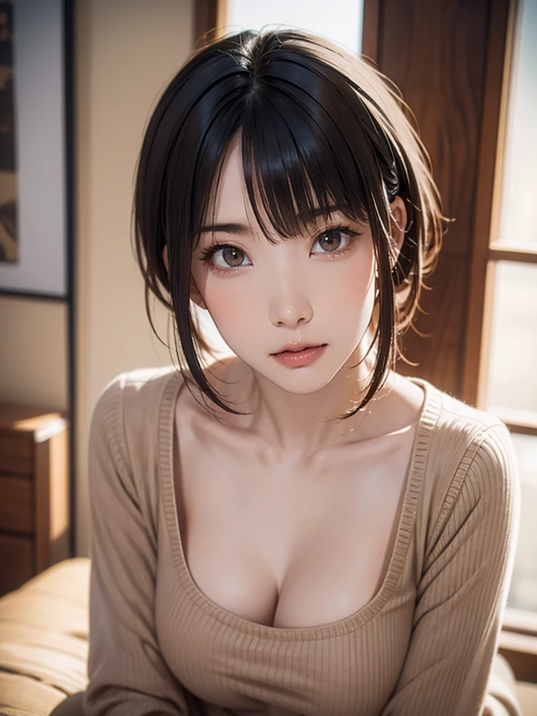 Realistic, Like the picture, Tabletop, Highest quality, RAW Photos, One Girl, alone, short hair, Brown Hair, Detailed face, Attractive face, Beige virgin sweater, breasts apart, Dynamic pose, from above, looking up at viewer, From below, Detailed Background, Fine details, Intricate details, Ray Tracing, Depth of written boundary, Low Key, Hmph, Japanese