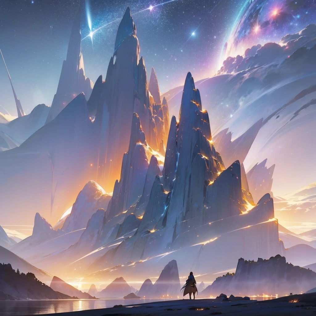 Starry Sky with Mountains and Lake, Jessica Rossier, Inspired by Jessica Rossier, Jessica Rossier Fantasy Art, Concept Art Magic Highlights, Official Artwork, Dream Painting, Ethereal Realm, Atmospheric artwork, dreamy matte paintings, serene endless stars inspired by Ted Nasmith, moonlit starry environments, epic music album covers.