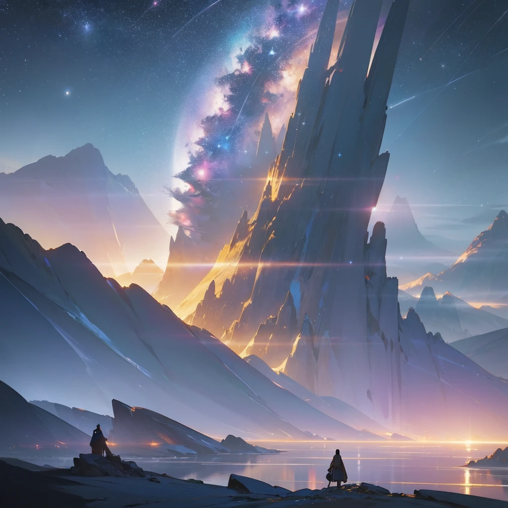 Starry Sky with Mountains and Lake, Jessica Rossier, Inspired by Jessica Rossier, Jessica Rossier Fantasy Art, Concept Art Magic Highlights, Official Artwork, Dream Painting, Ethereal Realm, Atmospheric artwork, dreamy matte paintings, serene endless stars inspired by Ted Nasmith, moonlit starry environments, epic music album covers.