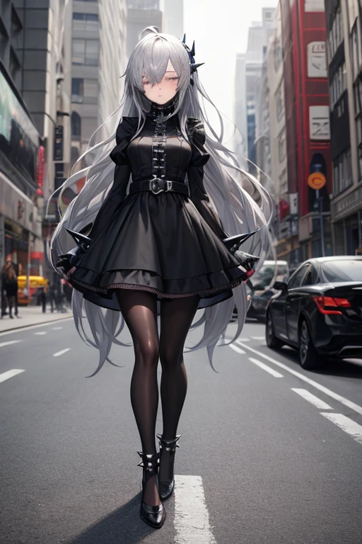 ((best quality)), ((masterpiece)), (detailed), 1 girl, Full body, 18 years old, Depressed face, Silver eyes, Arms behind waist, Eyes covered, Blushing, Silver hair, long hair, ahoge, Bangs, strand of hair covering her right eye, mask, Full body, very tall, very Small breasts, Slim body, Grey hood, Metal spikes, Grey wristbands, Long black gloves with spikes, Grey goth outfit, Gothic ta, Grey dress, puffy sleeve, Metal emblem, Tight fitting, Black belt, Metal skin, Black pantyhose, Black shoes, Walking through the city, Metal spikes coming out of the road, City background, Anime
