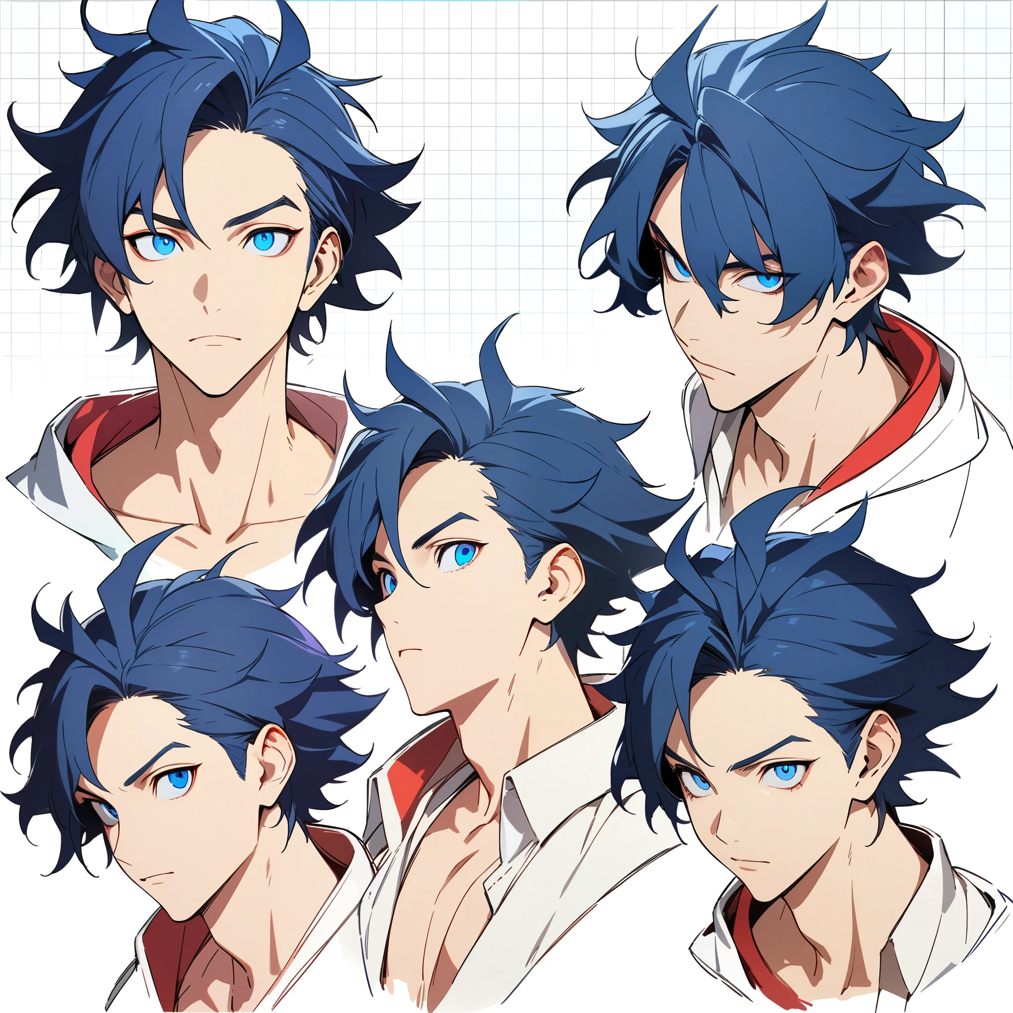 anime boy, dark blue hair, blue eyes, head, same boy, different angles, grid, 9 faces, high quality, concept, handsome, spiky hair, perfect lineart, sharp lineart, best quality, high quality, best quality, ultra-detailed, HD, beautiful lighting,