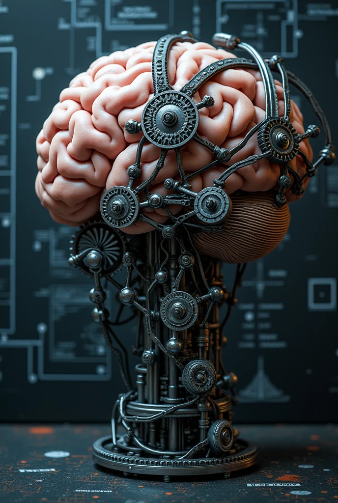 Mechanical Synapse**: A human brain with synapses connecting to metal gears, showcasing the fusion of neuroscience and mechanics, where thought becomes a process of precision and engineering