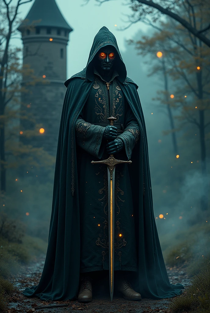 wizard with rapier on the mask on one half of face