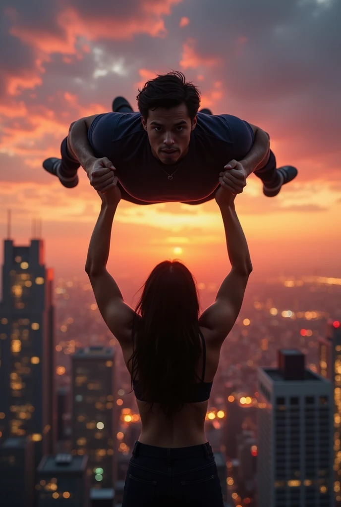 Kristin Kreuk as Lana Lang lifting a large man high above her head with her strong muscular arms. Photorealistic. Wide angle. City skyline in the background.