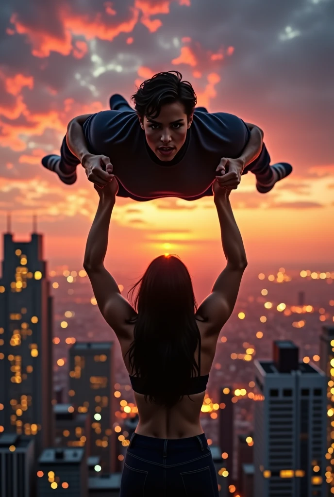 Kristin Kreuk as Lana Lang lifting a large man high above her head with her strong muscular arms. Photorealistic. Wide angle. City skyline in the background.