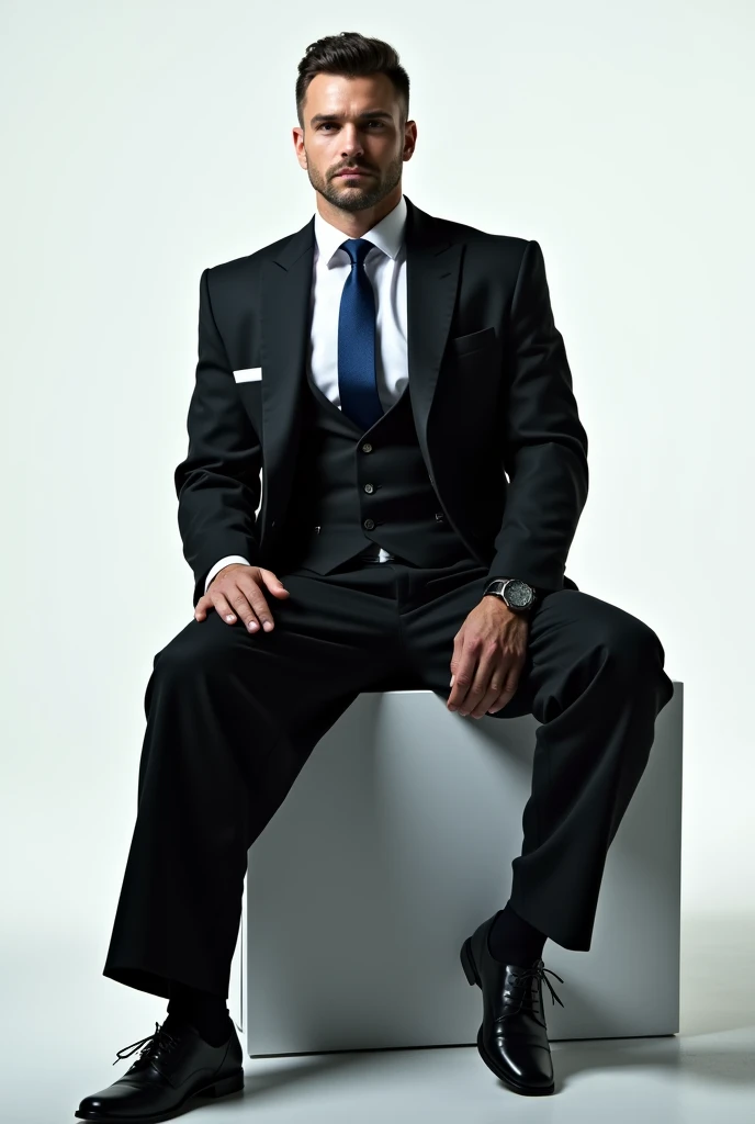 man wearing futurisitc black suit , oversize pants, crop top vest , white shirt , blue tie , sitting like boss , white background , model , photo shooting , cinematic
