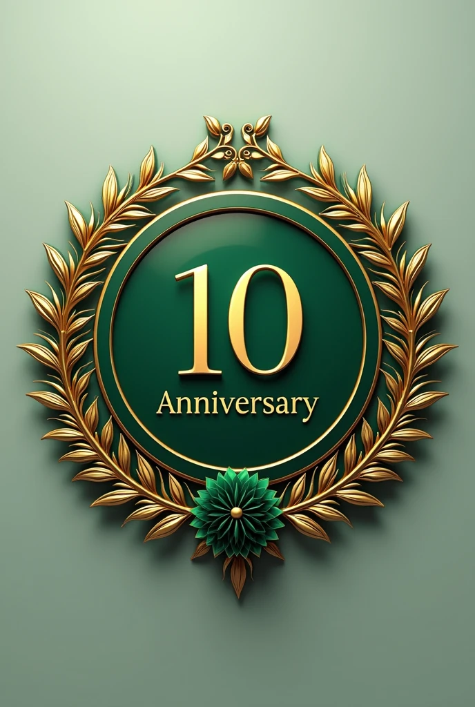 A mockup of a gold and green circular emblem, 10th Anniversary Commemorative, with leaf arabesques and seen from the front