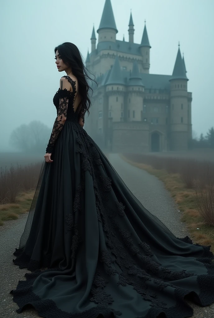 A stunning gothic-inspired wedding dress by Paul Signac, featuring a dark black color scheme. The bride, a beautiful femme fatale,dons the dress with an air of mystery. The dress is adorned with intricate lace, delicate floral patterns, and a long, flowing train. In the background, a gloomy and haunted castle looms, emphasizing the dark romance of the scene. The overall atmosphere is both eerie and enchanting.