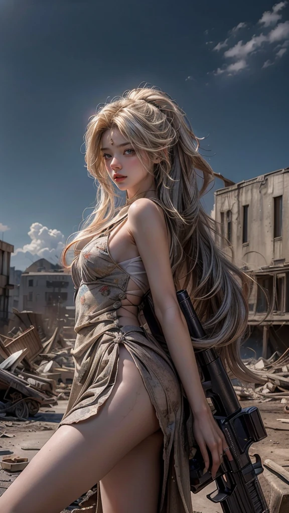 ((masterpiece, highest quality, Highest image quality, High resolution, photorealistic, Raw photo, 8K)), young girl, long blond hairstyle with two tails, blue eyes, Post apocalypse, full bady, big gun, movie style, background: ruined city