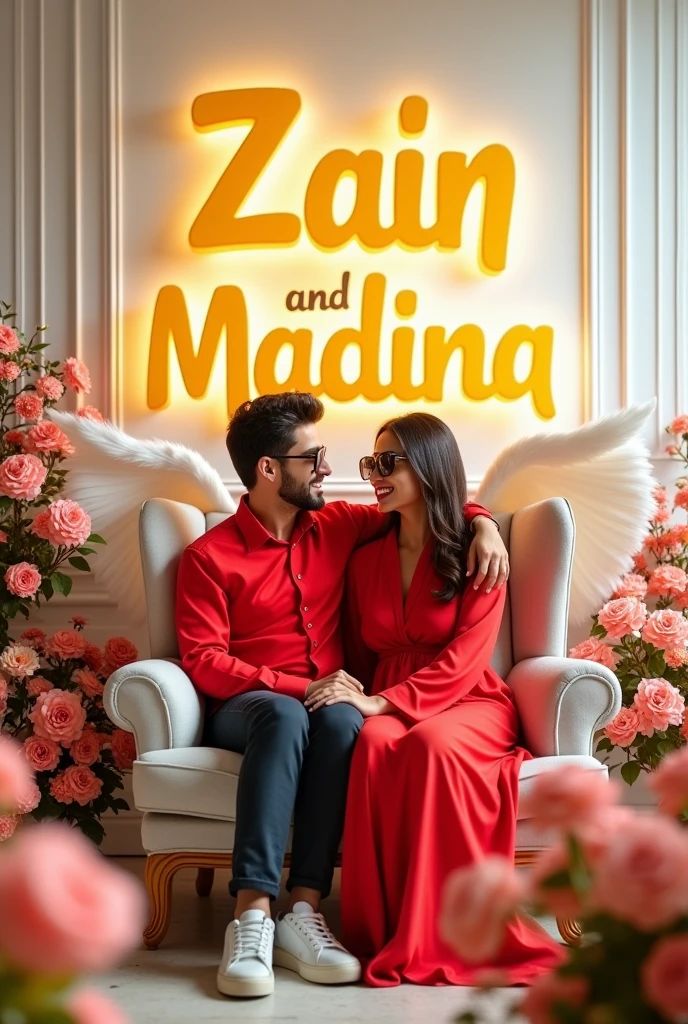 Create a 3D illusion for a profile picture where a 21-year-old cute couple in red casual wearing and sunglasses sitting comfortably on a wingback chair, with “Zain and Madina” written in big and bold yellow letters on a white-lit wall at the back. There should also be beautiful flowers, no shadows, and wings added to show that he or she is an angel.