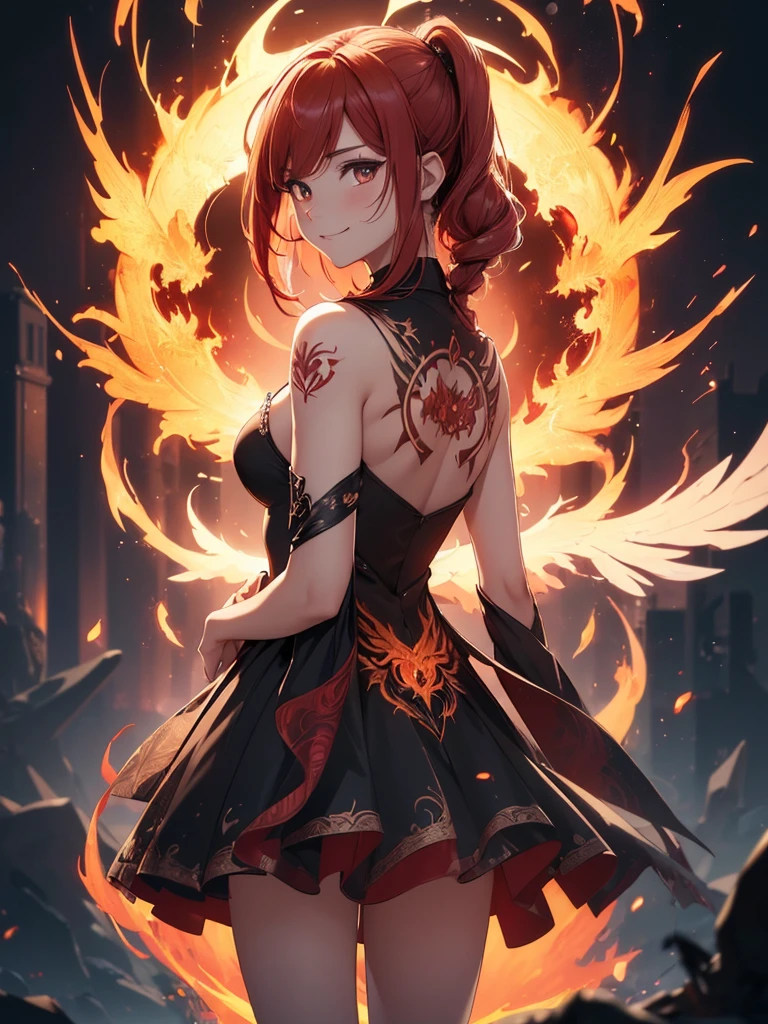 (((best quality, sharp image, clear image, cinematic lighting, 8k resolution, masterpiece, ultra detailed, intricate))) Girl casting magic, (((looking over left shoulder))), (shot from behind), ((shot from hip up)), fiery red hair, pigtails, ((intricate black dress)), ((flaming sigils, flaming runes)), spiky rock formations, (flaming lotus flowers frame), (intricate background), (chaotic background), ((Phoenix)), (swirling flames), smiling,tatoo on back