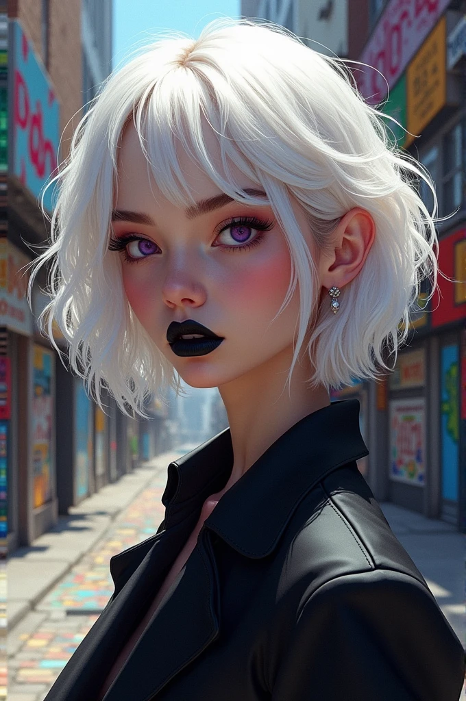 A 20 years lady, with pale skin, short white waved hair, purple eyes and black lipstick,realist