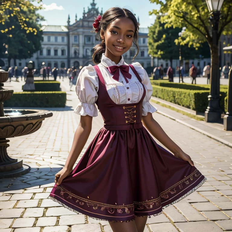 (​masterpiece, best quality:1.5), highest quality, High resolution, super detailed, Realists, Upper body photo of a -yeld Bl girl, black skin, detailed and beautiful eyes, beautiful detailed lips, very detailed eyes and face, longeyelashes, A 16-year-o gin a btiful short shiny satin Dirndl, Details in the dress fabric, Beautiful and colorful makeup, elegant and noble々Pose, Beautiful bows in the hair, Ponytail hairstyle with a bow, Munich as a backdrop, bright daylight, bright colors, fine brushstrokes, Portrait style, beautiful color palette, glowing skin, First-class rendering, that captures every detail, enchanting atmosphere, (perfect anatomy:1.2), (The breathtaking girl is wearing a beautiful short burgundy dirndl with ribbons.. smiling in love and full of joy for the festival, nice legs. She stands next to the fountain and proudly presents herself. The girl stands and dances with joy   (magnificent panorama view:1.2)