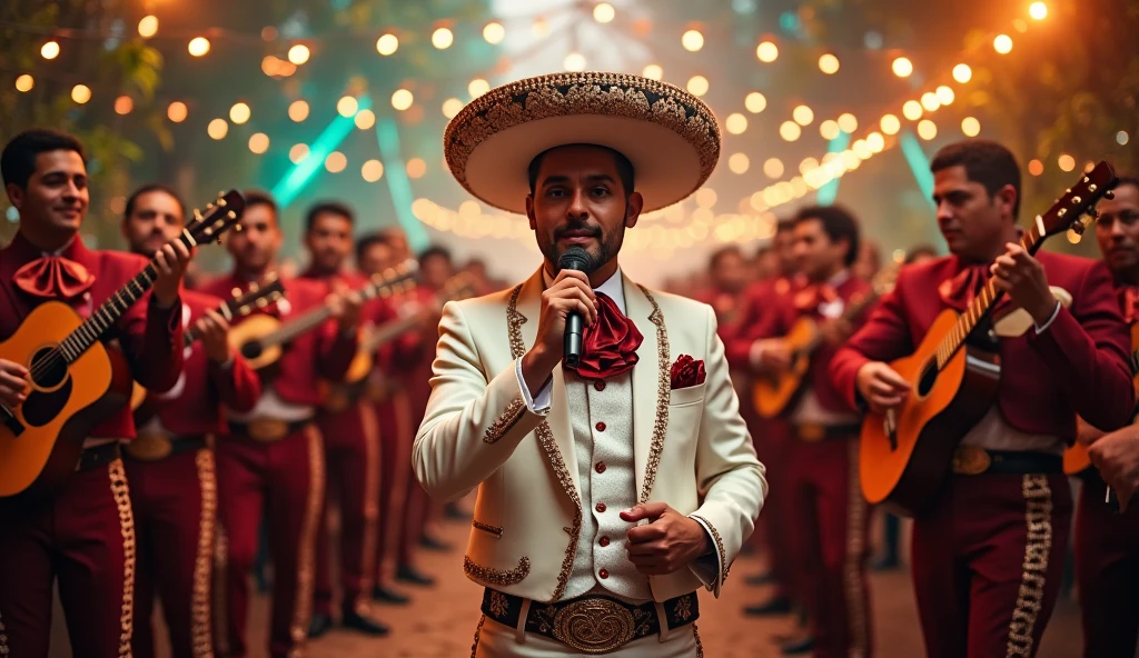 Mariachi orchestra playing at a party, luxury clothing, The singer dressed in white with the Mexican charro hat in his left hand