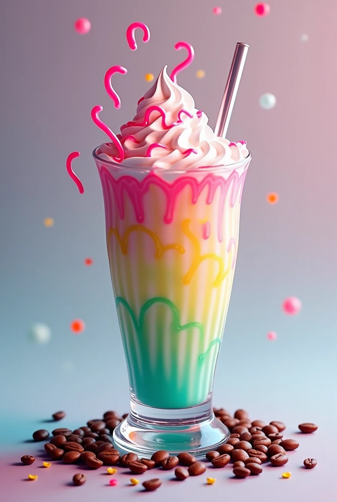 Minimalist cocktail logo with fluorescent colors, Milkshake and colorful coffee beans PNG