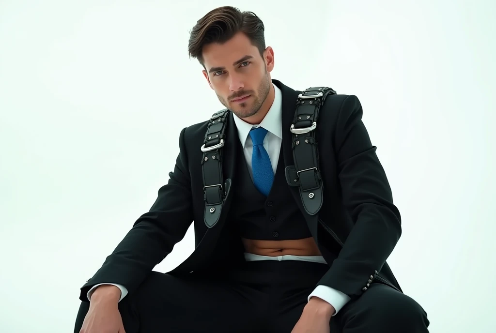 man wearing futurisitc black suit with lot of belts, oversize pants, crop top vest , white shirt , blue tie , sitting like boss , white background , model , photo shooting , cinematic
