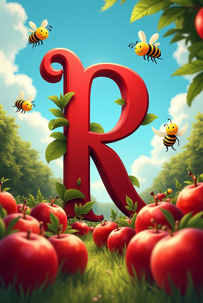 a red letter on a blue background and twenty bees and ninety million two hundred twenty-five thousand three hundred ninety-five apples