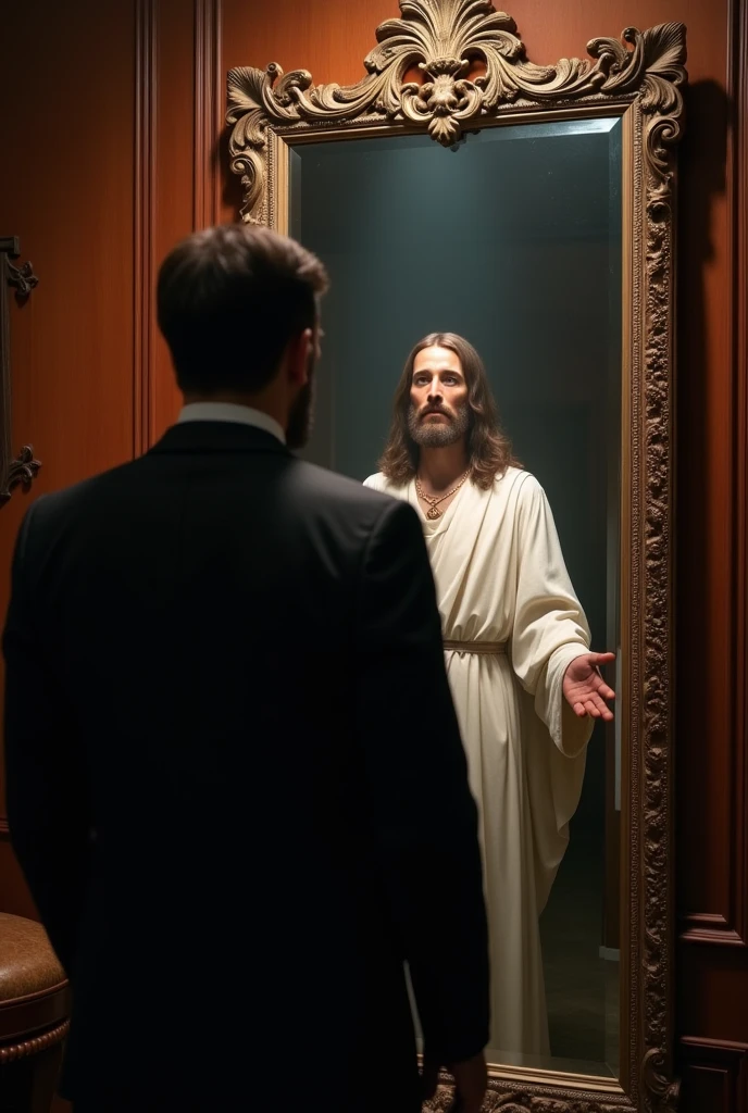 Create a man in a suit looking into a mirror and seeing Jesus as if he were his reflection in the mirror