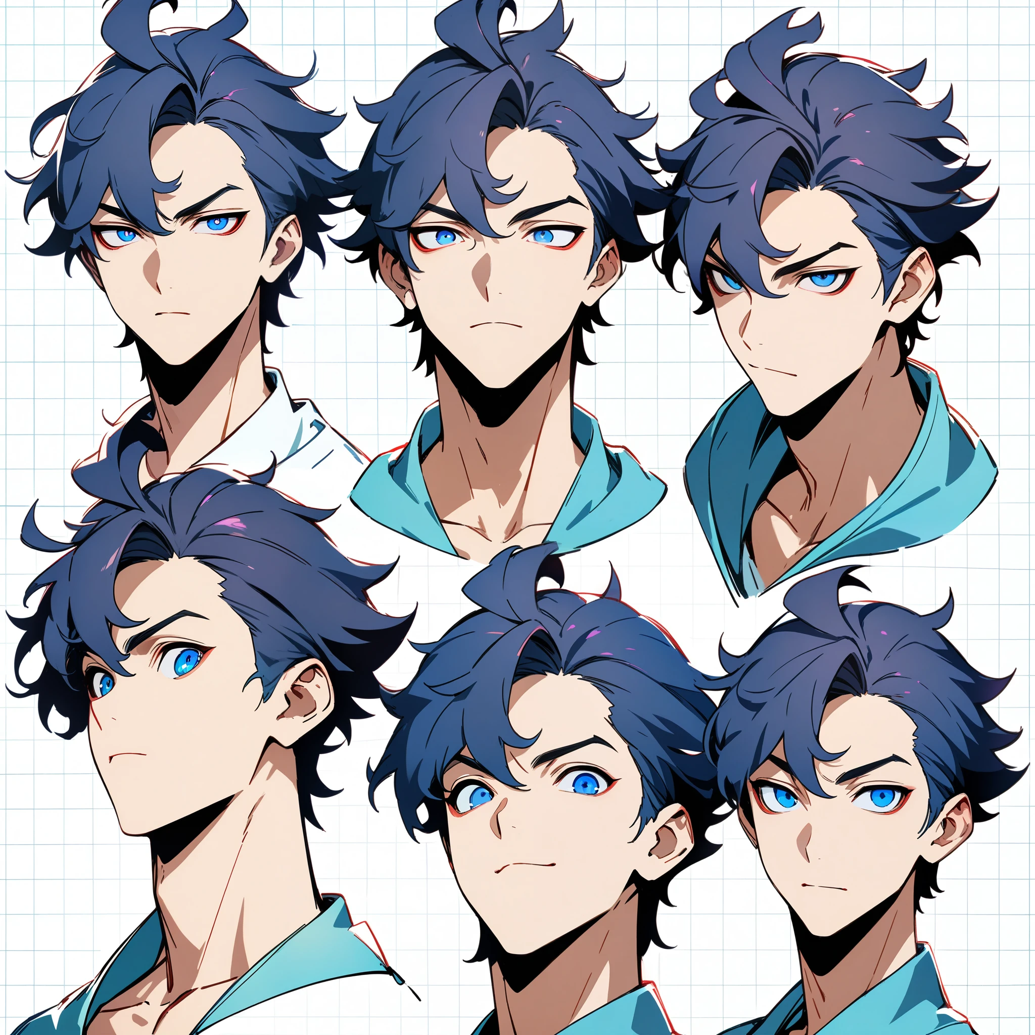anime boy, dark blue hair, blue eyes, head, same boy, different angles, grid, 9 faces, high quality, concept, handsome, spiky hair, perfect lineart, sharp lineart, best quality, high quality, best quality, ultra-detailed, HD, beautiful lighting,