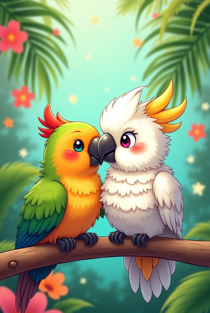 A very cute parrot and cockatoo in a manga style