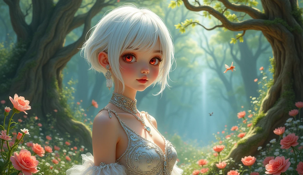 A girl with short white hair and red eyes