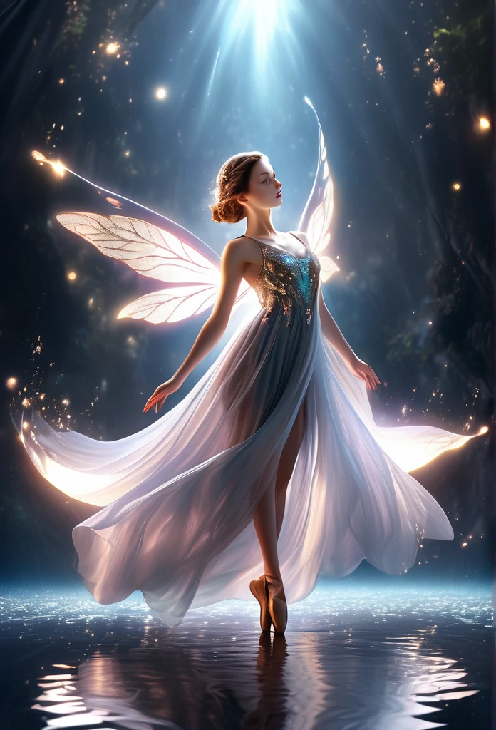a beautiful ballet dancer fairy, glowing dress, glowing wings,completely black background, mirrored water floor, fantasy art style, detailed face and eyes, highly detailed, 8k, photo realistic, masterpiece, cinematic lighting, dramatic atmosphere, ethereal, mystical, magical, elegant, graceful pose, flowing fabric, shimmering effects, ambient glow, surreal, captivating, breathtaking