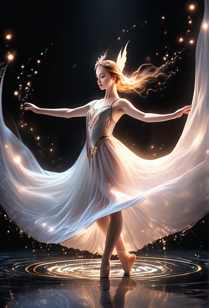 a beautiful ballet dancer fairy, glowing dress, glowing wings,completely black background, mirrored water floor, fantasy art style, detailed face and eyes, highly detailed, 8k, photo realistic, masterpiece, cinematic lighting, dramatic atmosphere, ethereal, mystical, magical, elegant, graceful pose, flowing fabric, shimmering effects, ambient glow, surreal, captivating, breathtaking