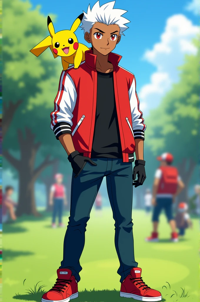 A black-skinned Pokémon trainer, red eyes and white hair, wearing a black shirt, a red jacket with white sleeves, black gloves with fingers showing, a red cap with white details, dark blue jeans and red sneakers, carrying a Pikachu on his shoulder