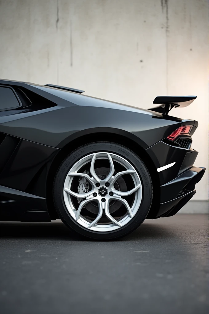 Black Lamborghini with white rims side full picture 