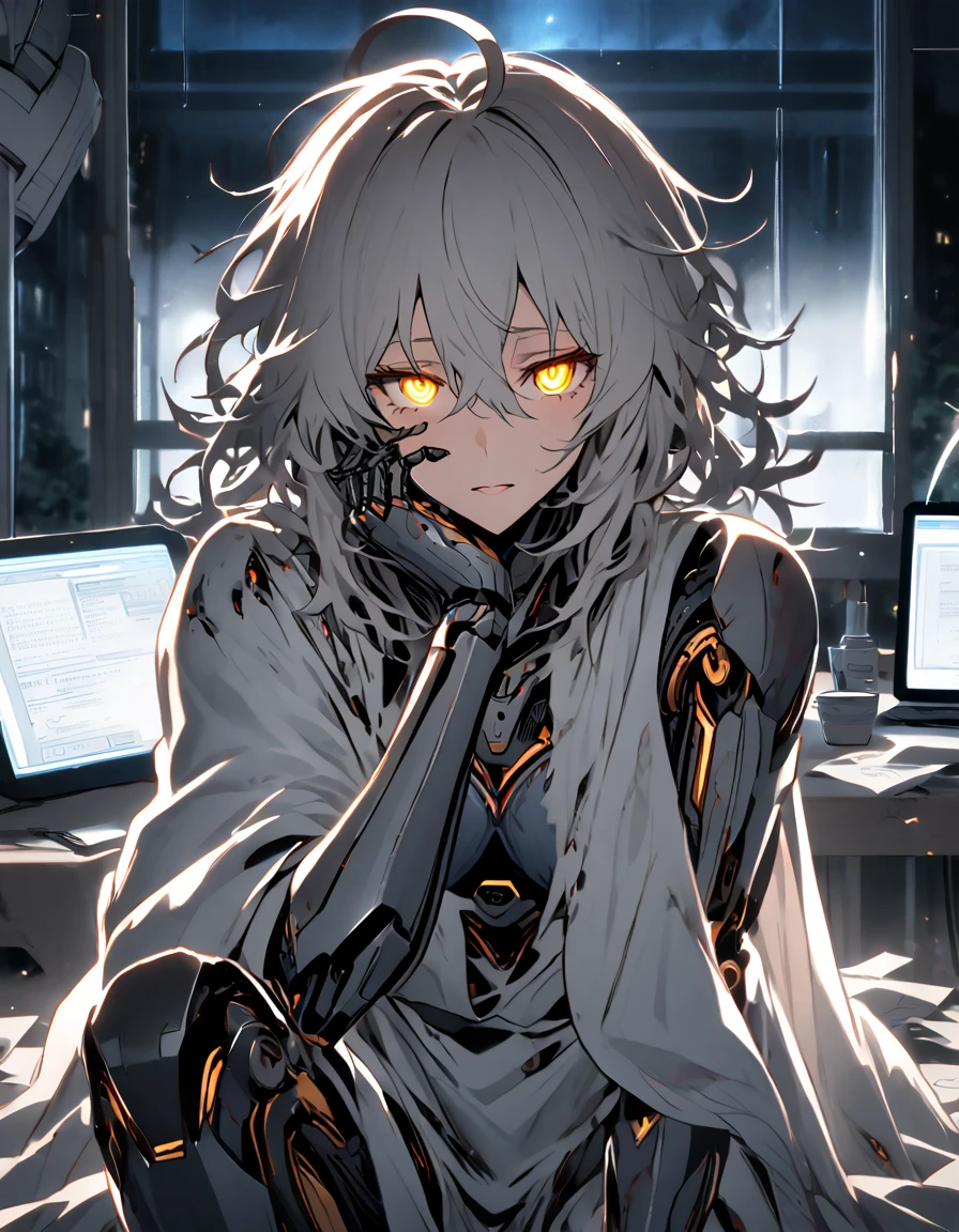 mature, Golden eyes, looking at viewer, female, hospital room background, messy hair, grey shoulder-length hair, ponytail, parted lips, hair between eyes, ahoge, background in low light, dark, night, emotionless, robot, white cloak, black shirt, robotic left eye, sitting down, desk, papers, glowing eyes, hand on face, damaged arms, damaged eye, no emotion, half-robot, prototype, bored