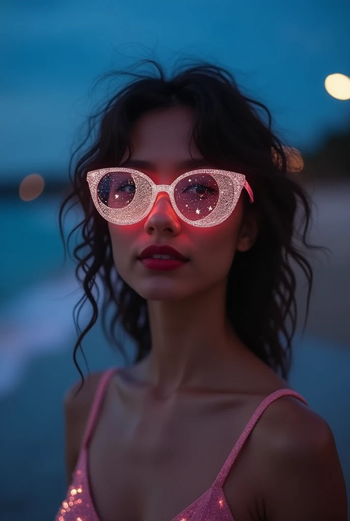 The model is wearing glass sunglasses with stars and the moon on the glass and fully naked