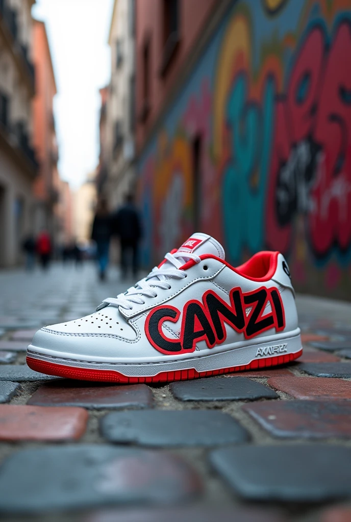 create a photo of a sneaker in the streetwear style written 'Canzi', to use as an example, and I don't have the Nike symbol
