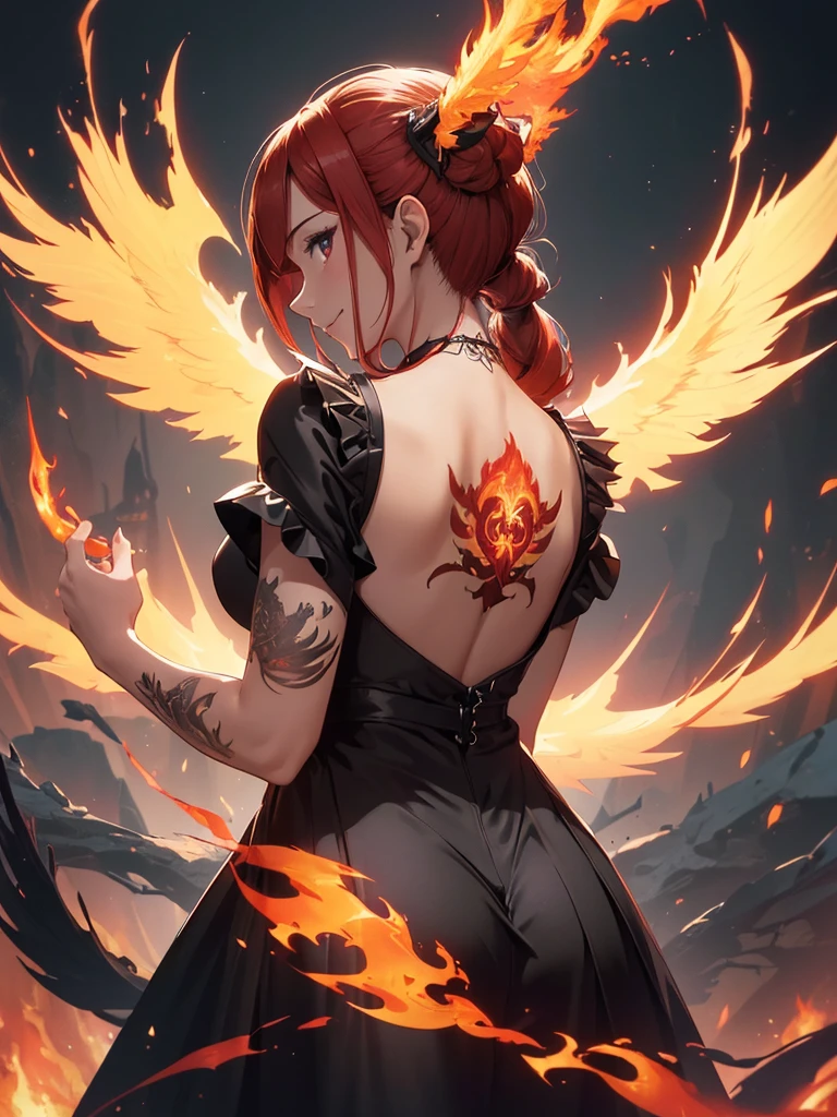 (((best quality, sharp image, clear image, cinematic lighting, 8k resolution, masterpiece, ultra detailed, intricate))) Girl casting magic, (((looking over left shoulder))), (shot from behind), ((shot from hip up)), fiery red hair, pigtails, ((intricate black dress)), ((flaming sigils, flaming runes)), spiky rock formations, (flaming lotus flowers frame), (intricate background), (chaotic background), ((Phoenix)), (swirling flames), smiling,tatoo on back