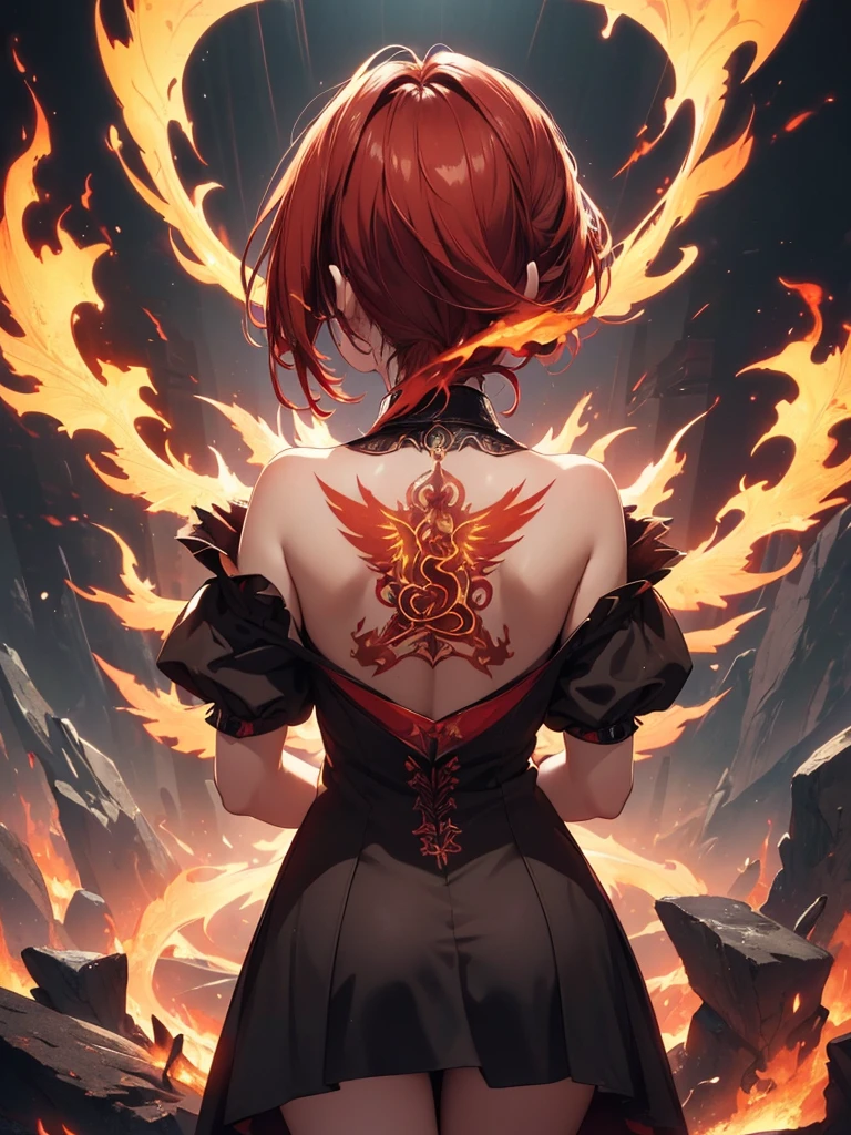 (((best quality, sharp image, clear image, cinematic lighting, 8k resolution, masterpiece, ultra detailed, intricate))) Girl casting magic, (((looking over left shoulder))), (shot from behind), ((shot from hip up)), fiery red hair, pigtails, ((intricate black dress)), ((flaming sigils, flaming runes)), spiky rock formations, (flaming lotus flowers frame), (intricate background), (chaotic background), ((Phoenix)), (swirling flames), smiling,tatoo on back