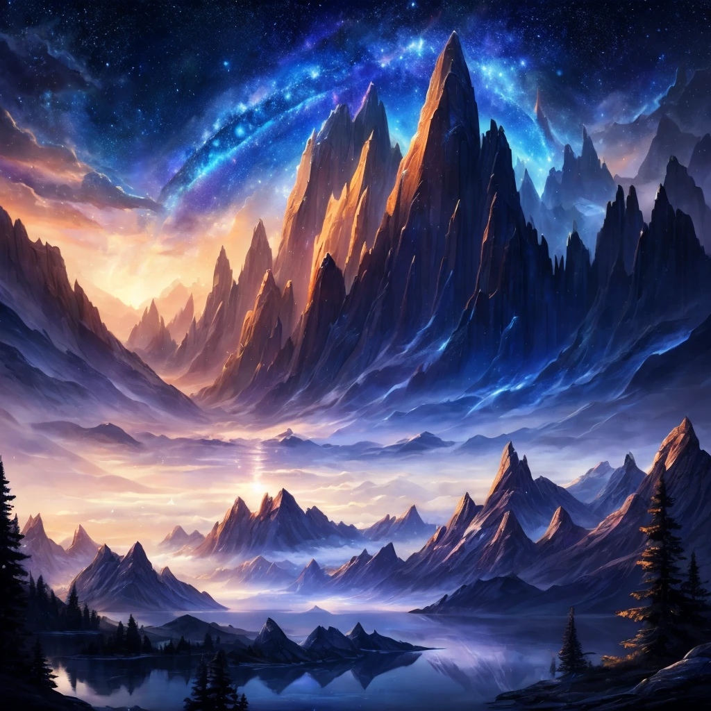 Starry Sky with Mountains and Lake, Jessica Rossier, Inspired by Jessica Rossier, Jessica Rossier Fantasy Art, Concept Art Magic Highlights, Official Artwork, Dream Painting, Ethereal Realm, Atmospheric artwork, dreamy matte paintings, serene endless stars inspired by Ted Nasmith, moonlit starry environments, epic music album covers.