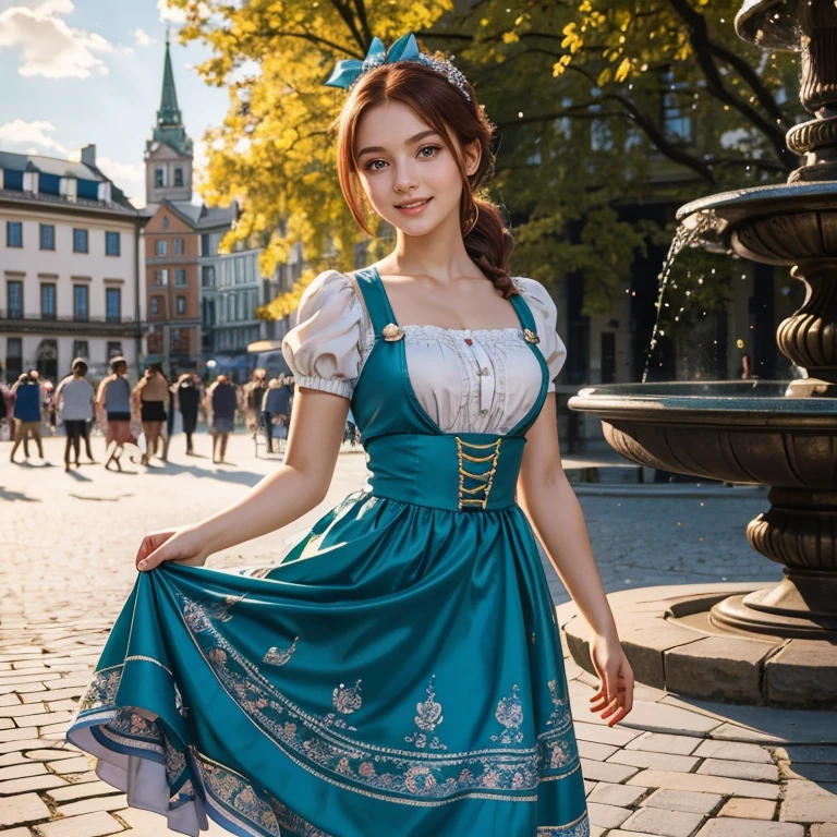 (​masterpiece, best quality:1.5), highest quality, High resolution, super detailed, Realists, Upper body photo of a -yeld read girl, detailed and beautiful eyes, beautiful detailed lips, very detailed eyes and face, longeyelashes, A 16-year-o gin a btiful short shiny satin Dirndl, Details in the dress fabric, Beautiful and colorful makeup, elegant and noble々Pose, Beautiful bows in the hair, Ponytail hairstyle with a bow, Munich as a backdrop, bright daylight, bright colors, fine brushstrokes, Portrait style, beautiful color palette, glowing skin, First-class rendering, that captures every detail, enchanting atmosphere, (perfect anatomy:1.2), (The breathtaking girl is wearing a beautiful short dark blue dirndl.. smiling in love and full of joy for the festival, nice legs. She stands next to the fountain and proudly presents herself. The girl stands and dances with joy   (magnificent panorama view:1.2)