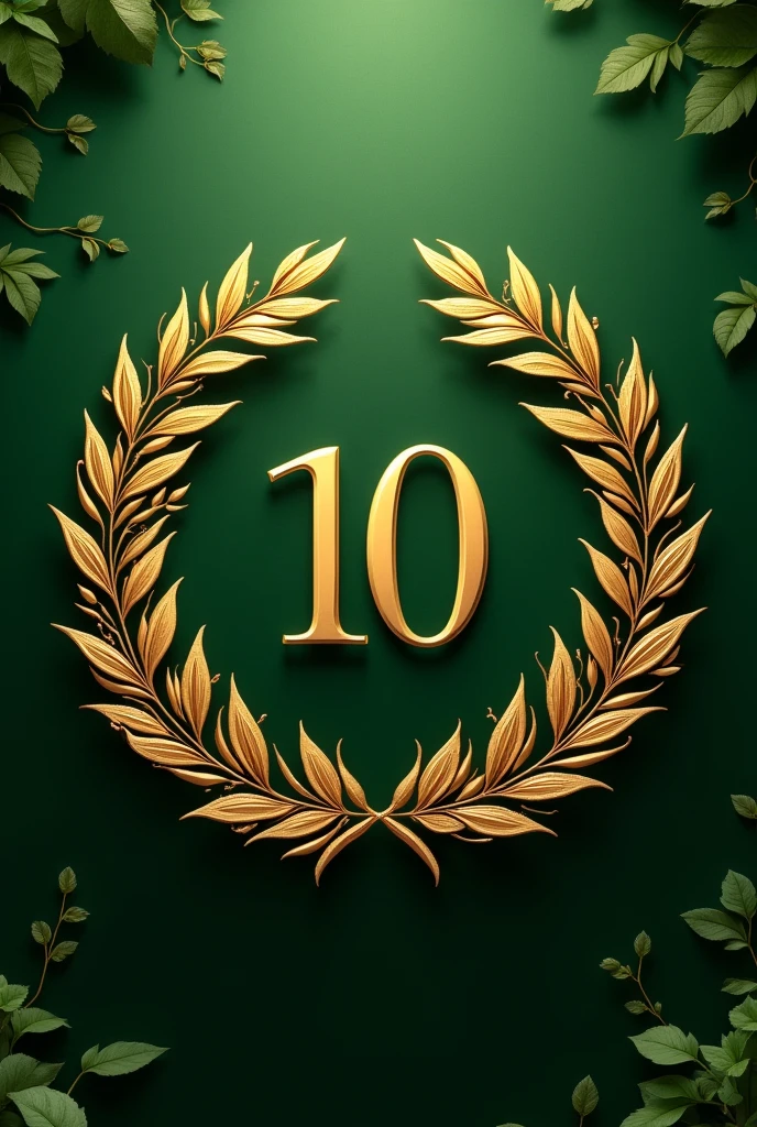 A mockup of a circular golden emblem and green background, 10th Anniversary Commemorative, with golden leaf arabesques and viewed from the front