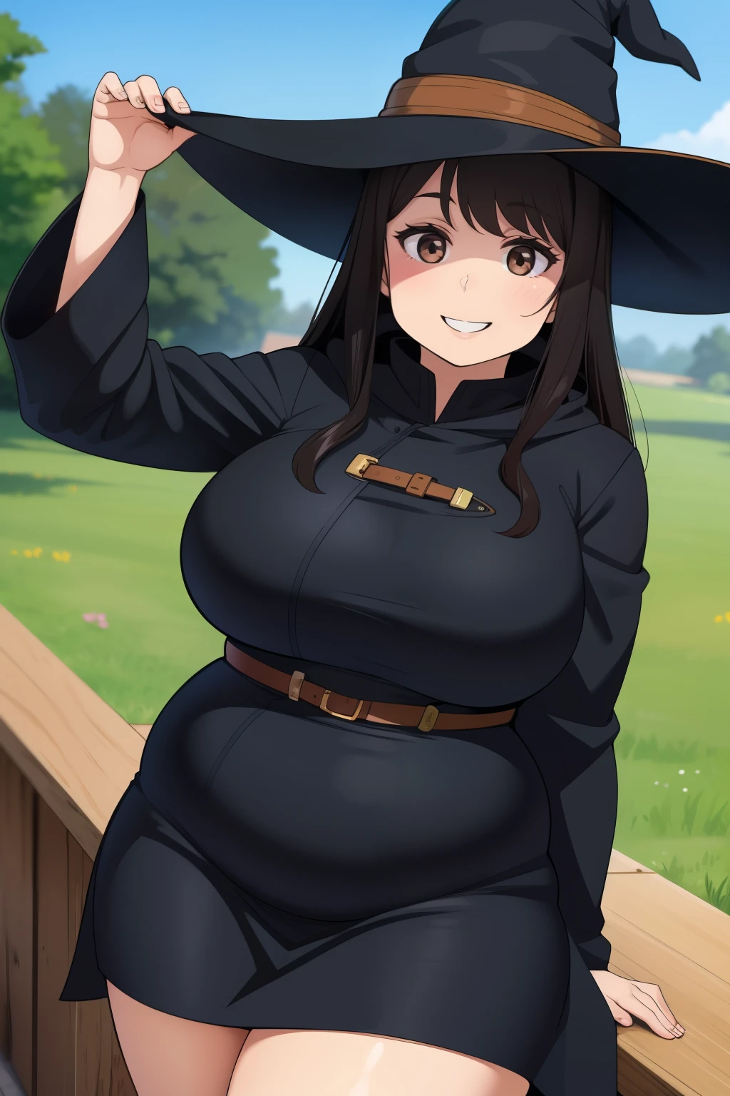 Plump year 21 big breasts black hair brown eyes chubby smile longer hair witch coat