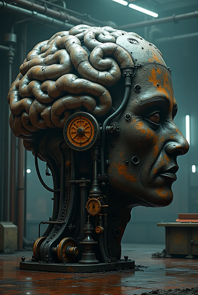 Industrial Cognition**: A brain whose convolutions are in fact a complex network of industrial pipes and valves, with gears turning in the deepest parts, illustrating the mind as a factory of ideas and thoughts.