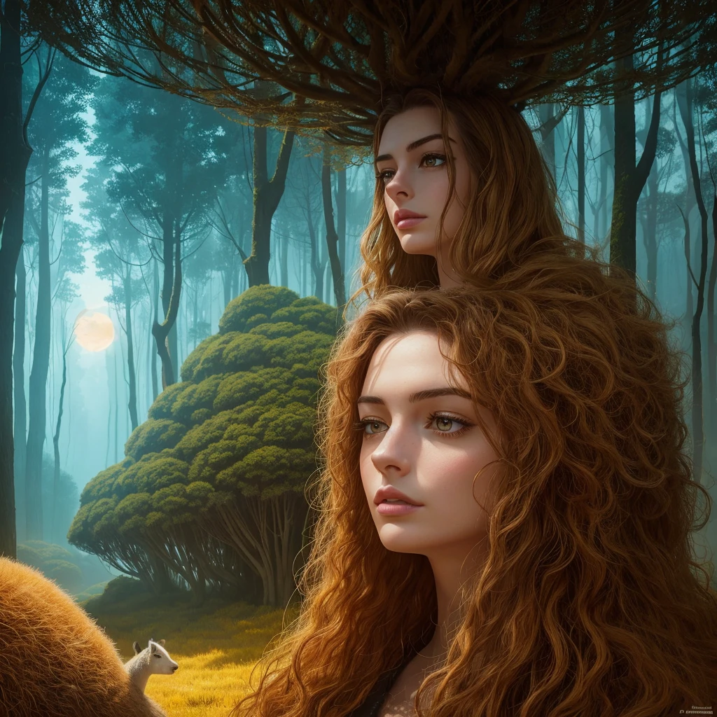 golden hour, paranormal activities, surreal illustration of a gigantic head of a beautiful young woman with face of Janina Porazińska morphed with Anne Hathaway with gigantic hairdo made of alpaca hedgehog and other animals, a colorful cyber forrest with weird trees,  color pencil art in cyberpunk style of zdzisław beksiński