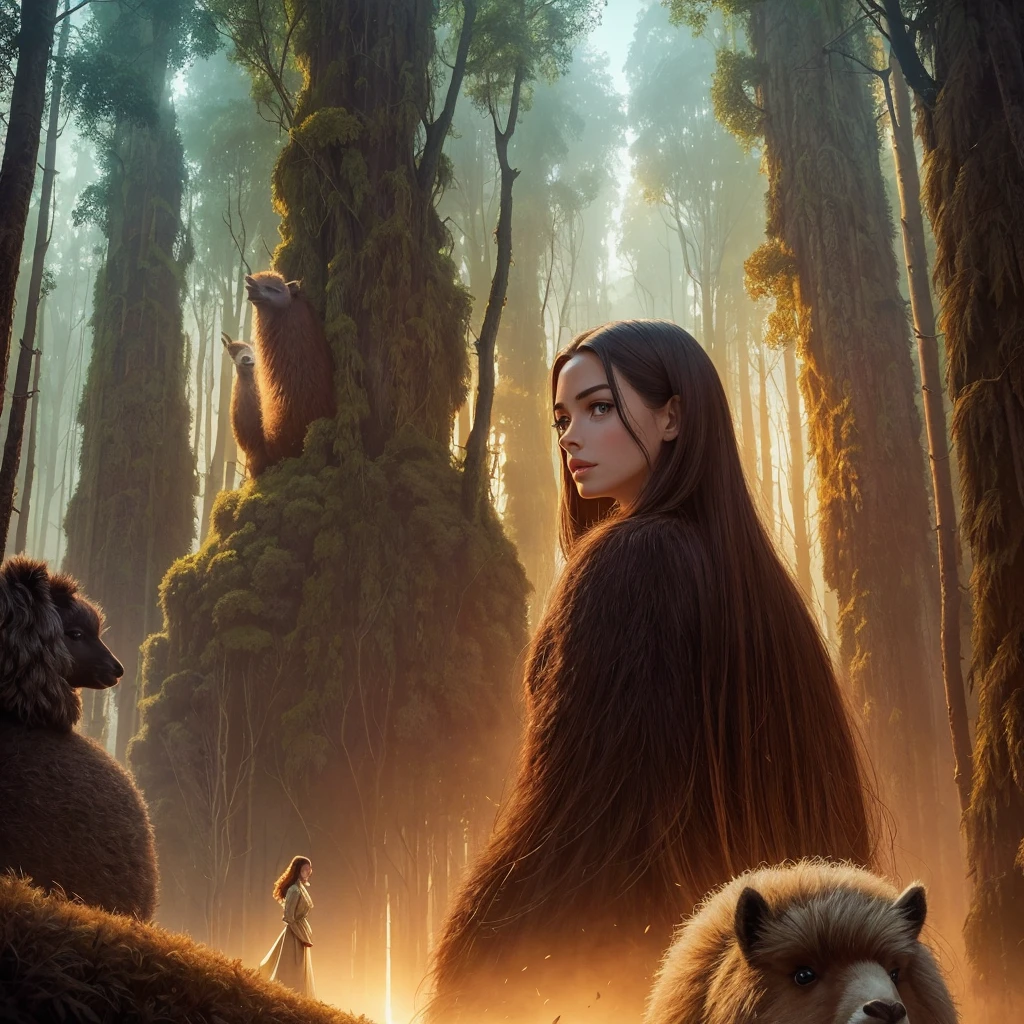 golden hour, paranormal activities, surreal illustration of a gigantic head of a beautiful young woman with face of Janina Porazińska morphed with Anne Hathaway with gigantic hairdo made of alpaca hedgehog and other animals, a colorful cyber forrest with weird trees, color pencil art in cyberpunk style of zdzisław beksiński