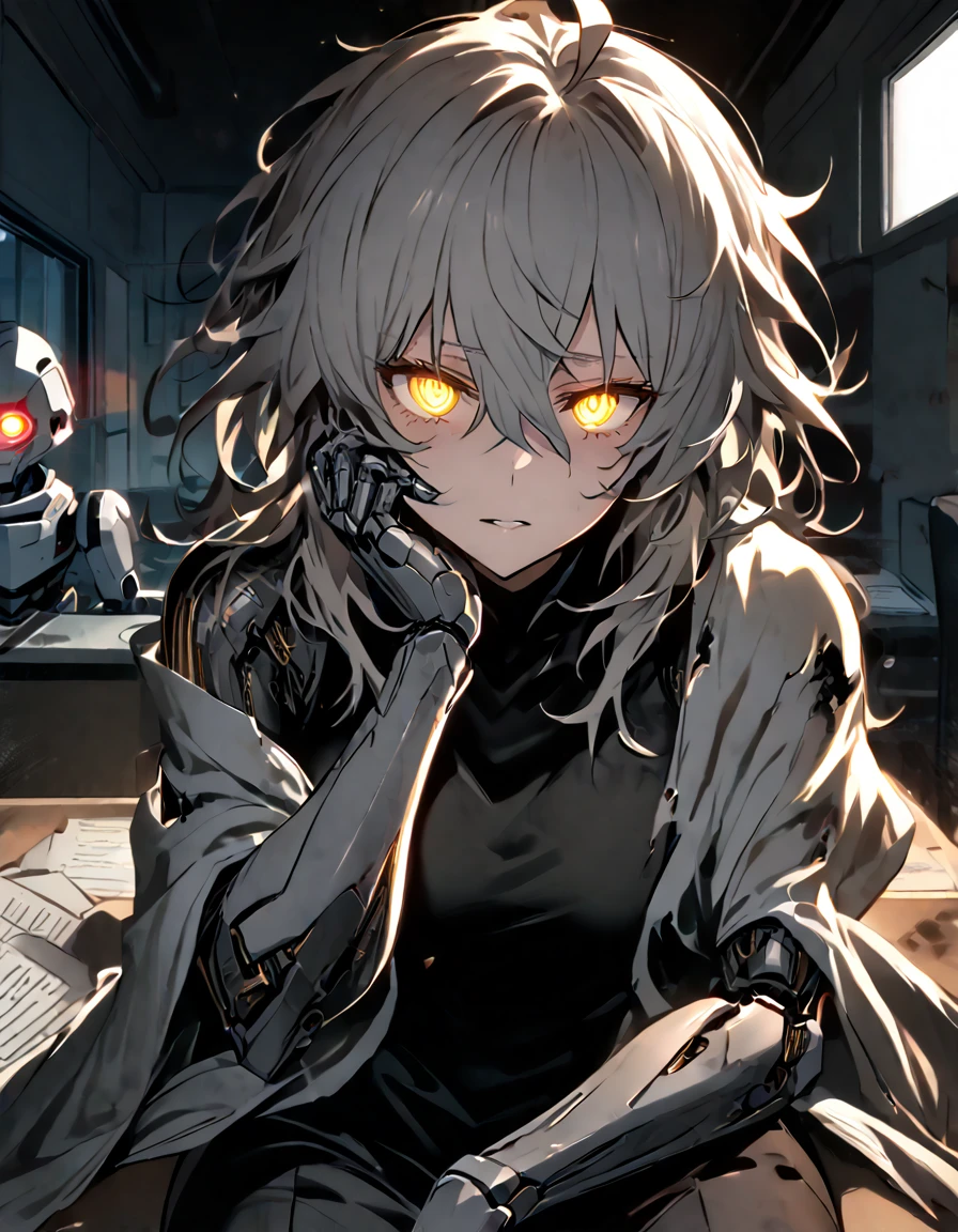 mature, Golden eyes, looking at viewer, female, hospital room background, messy hair, grey shoulder-length hair, ponytail, parted lips, hair between eyes, ahoge, background in low light, dark, night, emotionless, robot, white cloak, black shirt, robotic left eye, sitting down, desk, papers, glowing eyes, hand on face, damaged arms, damaged eye, no emotion, half-robot, prototype