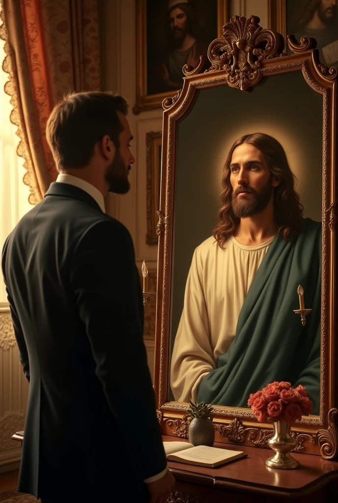 Create a man in a suit looking into a mirror and seeing Jesus as if he were his reflection in the mirror
