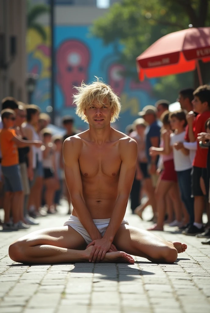 A blond man resembling Pablo Alborán is photographed from the front doing the splits while completely naked.。short hair。Buenos Aires。many spectators。