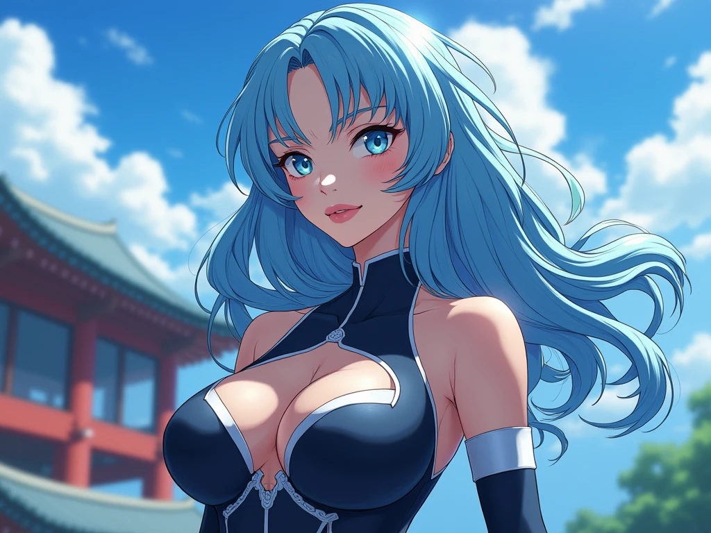 Real beautiful biracial latina woman, light blue hair, light blue eyes,large breasts, wear cosplay akatsuki suit, landmark of uchiwa, photo realist