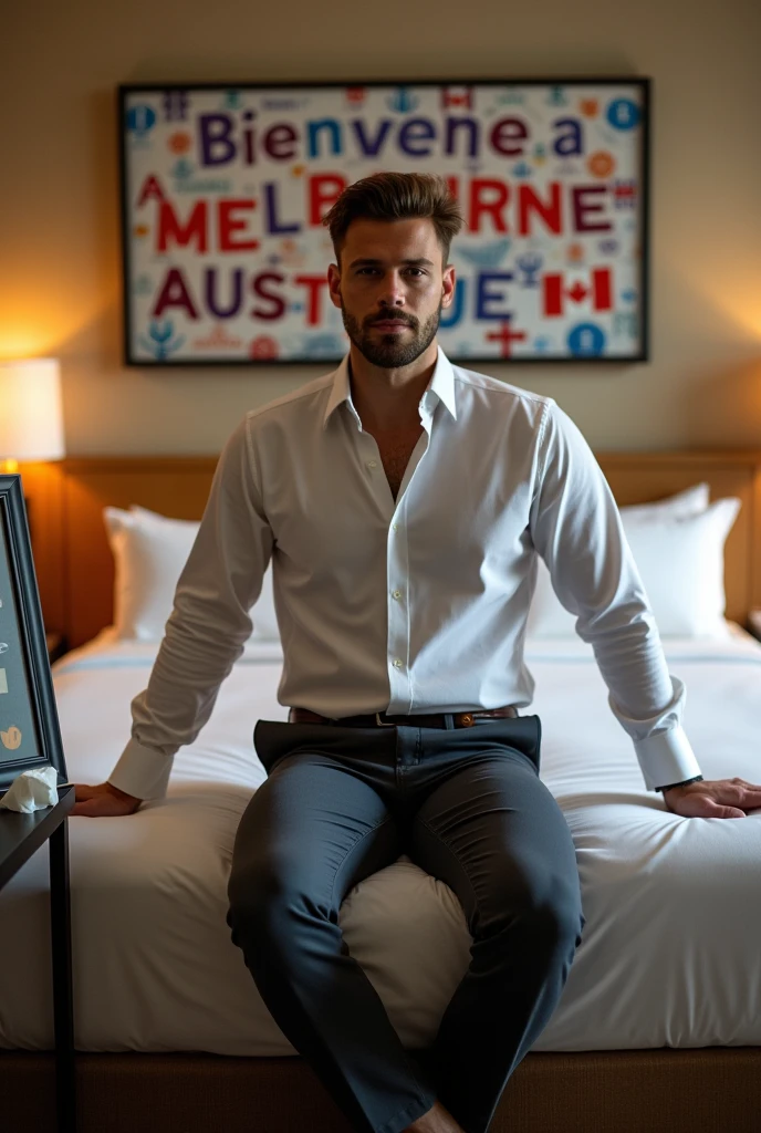 Homme caucasien grand de taille, charmant, un peu costaud, habillé en pantalon et tee-shirt manche longue, un homme dans une grande chambre d'hôtel, bien assis sur le lit ou sur le bord du lit le regard droit et fixé en avant en étant assis sur le lit dans une grande chambre d'hôtel et à côté du lit ou devant le lit il faut qu'il y ait UNE TABLE et sur la table à côté du lit ou devant le lit il faut qu'il y ait un papier mouchoir déjà utilisé sur la table et sur le lit de l'hôtel qu'il soit déposer un cadre photo grand ou un peu grand qu'il est possible de FAIRE ARRÊTER sur le lit et faire face à la caméra et sur le mur du chevet du lit un tableau sur lequel il est écrit en français : Bienvenue à Melbourne AUSTRALIE et autour de la phrase qu'il y ait les emblèmes du Canada Québec ou le drapeau du Canada Québec