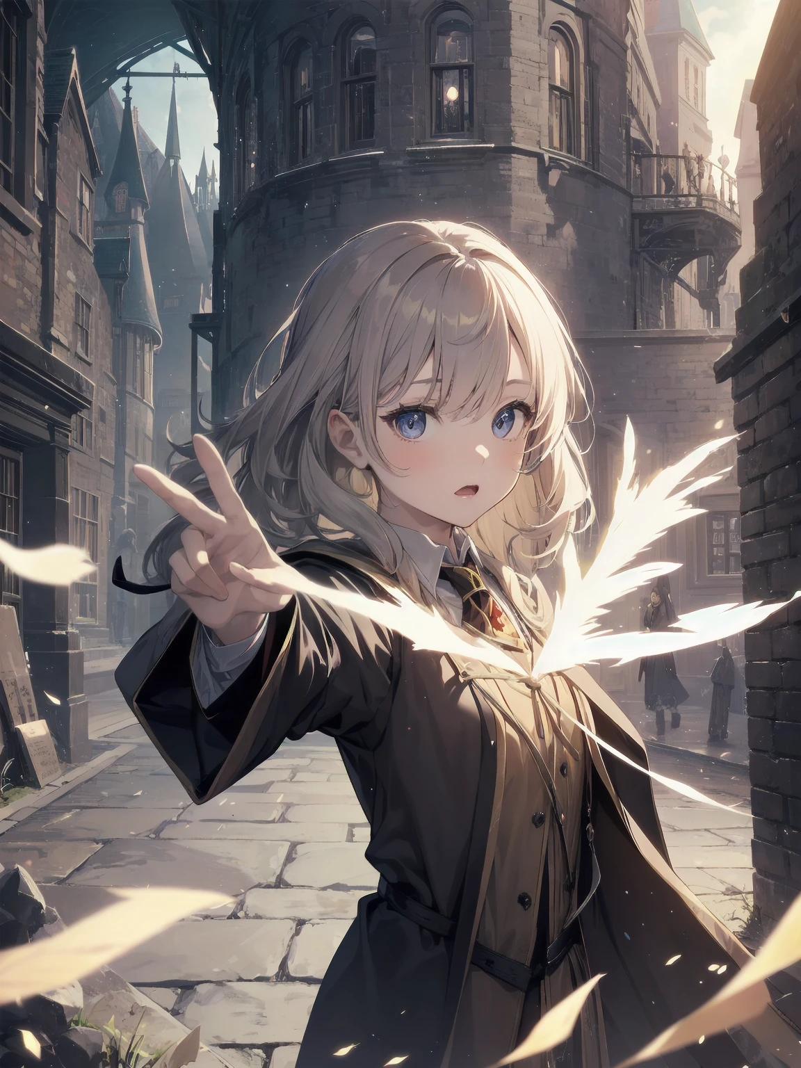 Masterpiece, Top Quality, Absurd, High Resolution, Subject Seismic, Animation Style Illustration with Mock Pause, 1 Girl, Solo, Cute random hairstyle, beautiful random expression and face, random age, slender, random clothing for situation,wizard , wand, magical castle, owl, spell book, (Hogwarts: 1.2), magic, wonder, (Harry Potter inspired: 1.3), mysterious atmosphere, details