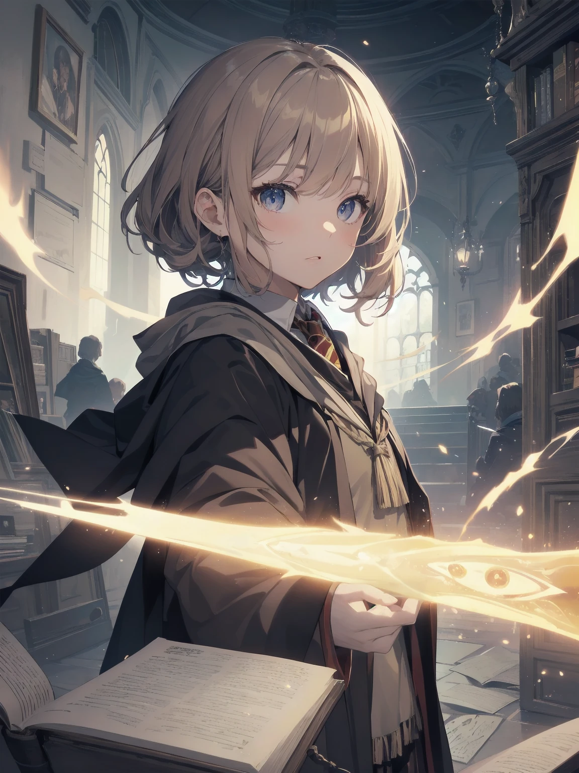 Masterpiece, Top Quality, Absurd, High Resolution, Subject Seismic, Animation Style Illustration with Mock Pause, 1 Girl, Solo, Cute random hairstyle, beautiful random expression and face, random age, slender, random clothing for situation,wizard robes, wand, magical castle, owl, spell book, (Hogwarts: 1.2), magic, wonder, (Harry Potter inspired: 1.3), mysterious atmosphere, details