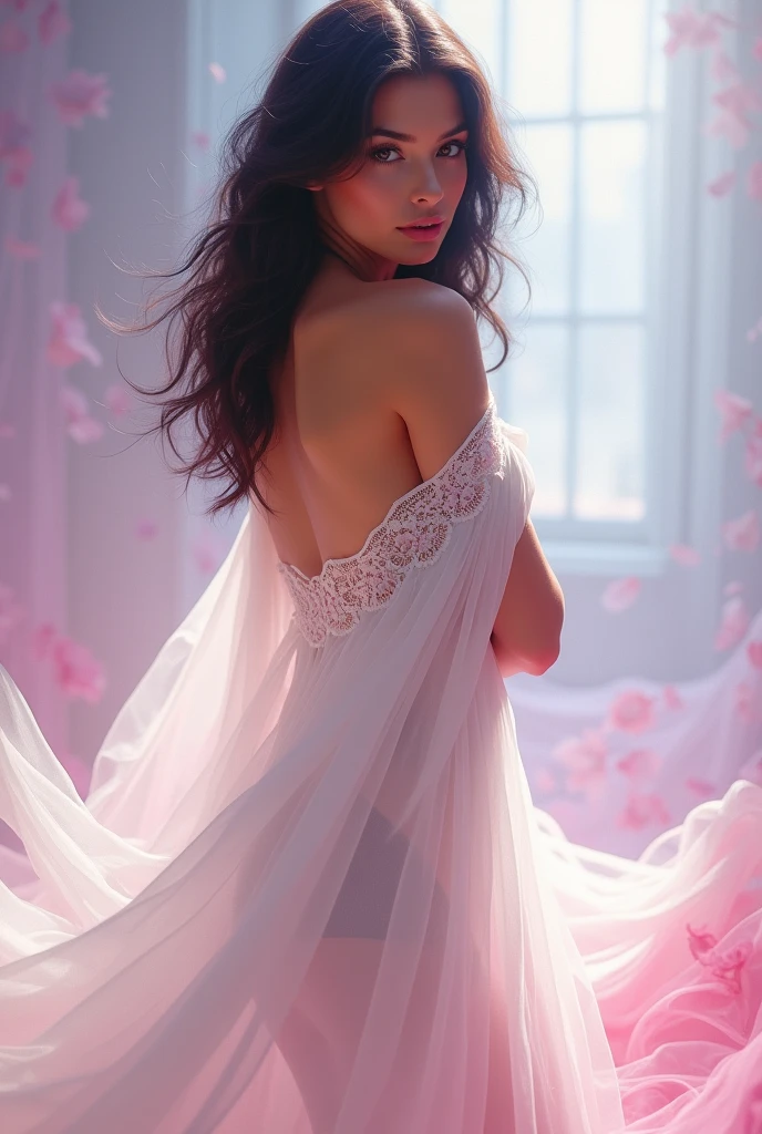 A captivating portrait by Annick Bouvattier, showcasing the essence of feminine sensuality. A woman with a mysterious andalluring expression, wearing a flowing, sheer white gown that accentuates her curves. The background is a swirl of soft, pastel colors, creating a dreamy, romantic atmosphere. The overall composition exudes a sense of seduction and elegance.