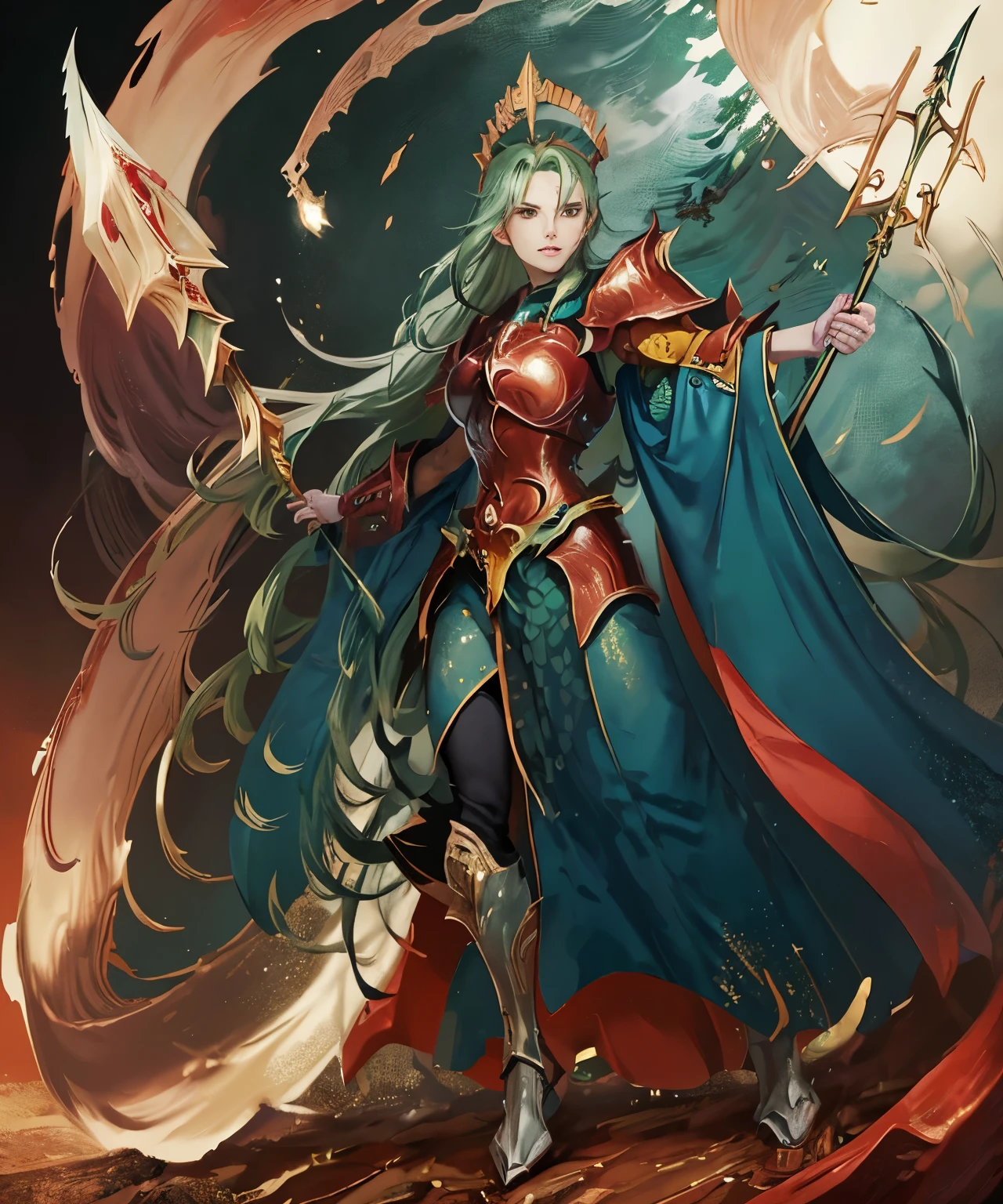 anime style, 37 year old woman, strong, long green hair, small bars on her head, wearing heavy armor, silver armor with small red details, silver armor, red cape, red eyes, greaves and plates covering her body, holding a spear protecting herself with a tower shield.